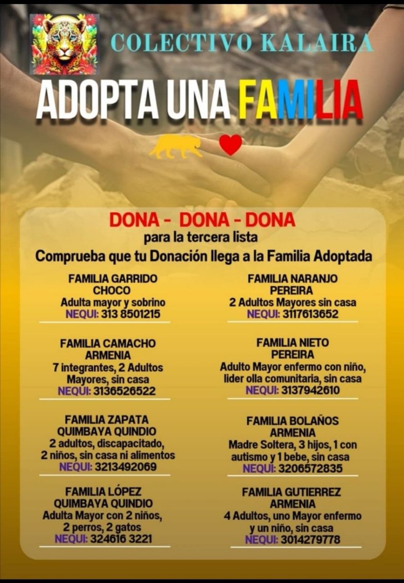 Leoyot's tweet photo. ser verdadero seres humanos es aquí y ahora ADOPTA UNA  FAMILIA EN CALAMIDAD DE COLOMBIA 4 listas de familias  único  proyecto que beneficia SIN INTERMEDIARIOS NI TERCEROS llega directo a quienes lo necesitan  https://t.co/05JRWbqwjc
#colombia #ColombiaNoEstáSola https://t.co/FCqyEkEqY4