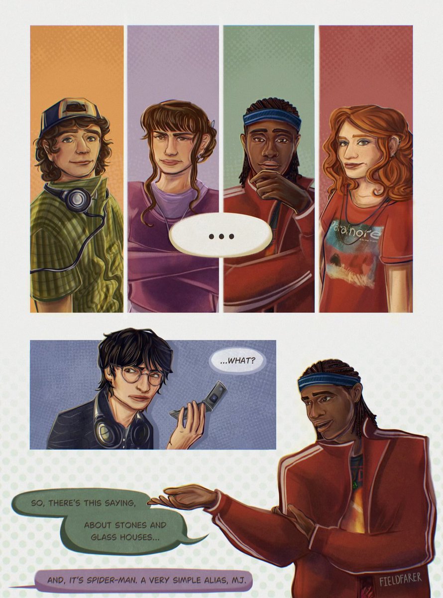 fieldfaring's tweet photo. SpiderWill! The Party in The Chair - a comic :) part 1 

The one where they all found out about Will being Spiderman and immediately get involved (to MJ’s despair)

pages 1-4
#byler #spideywill https://t.co/P9AOMhih6I