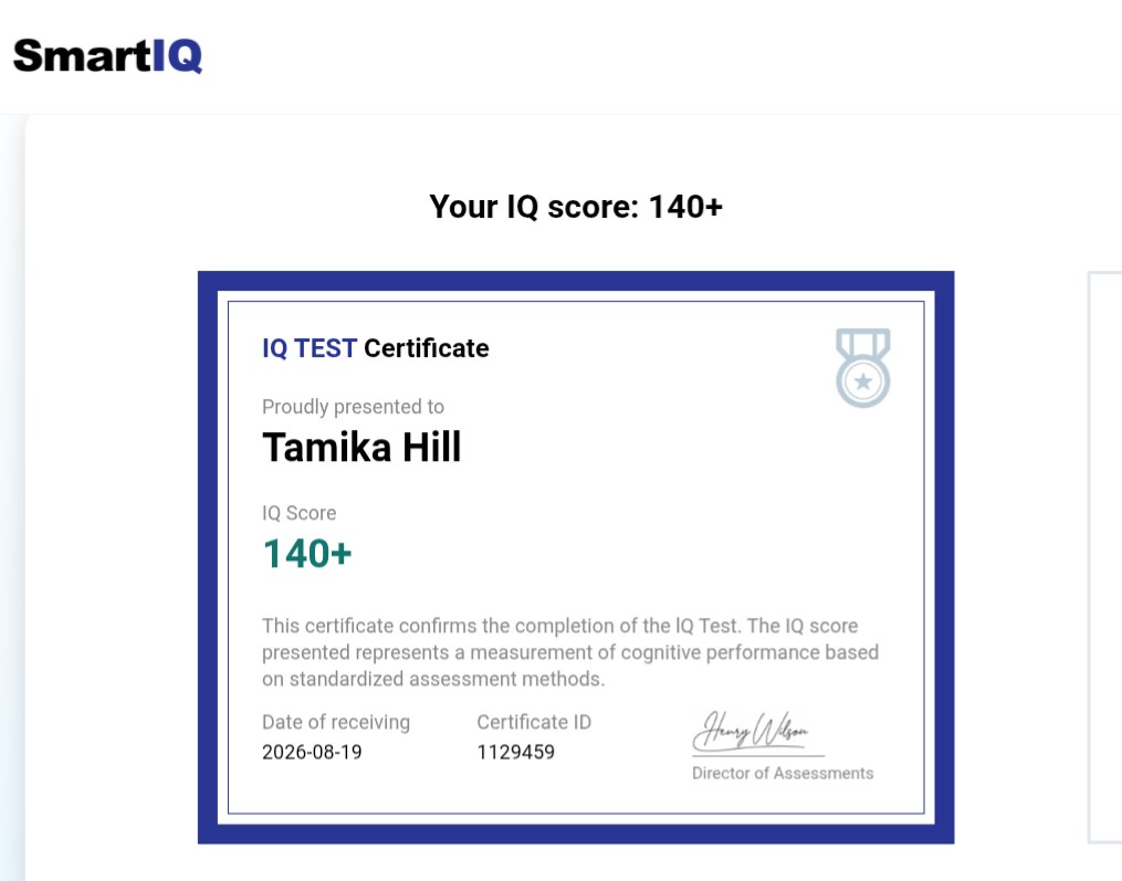 TamiliciousLife's tweet photo. Here are the results of my SmartIQ Certified IQ Test I took today!  My IQ is estimated to be over 140+!  

These are a more verified estimate of my IQ, than the results of my free IQ test.

*Pictured here is my SmartIQ Certified IQ Test results. https://t.co/7bSeNw0LVM