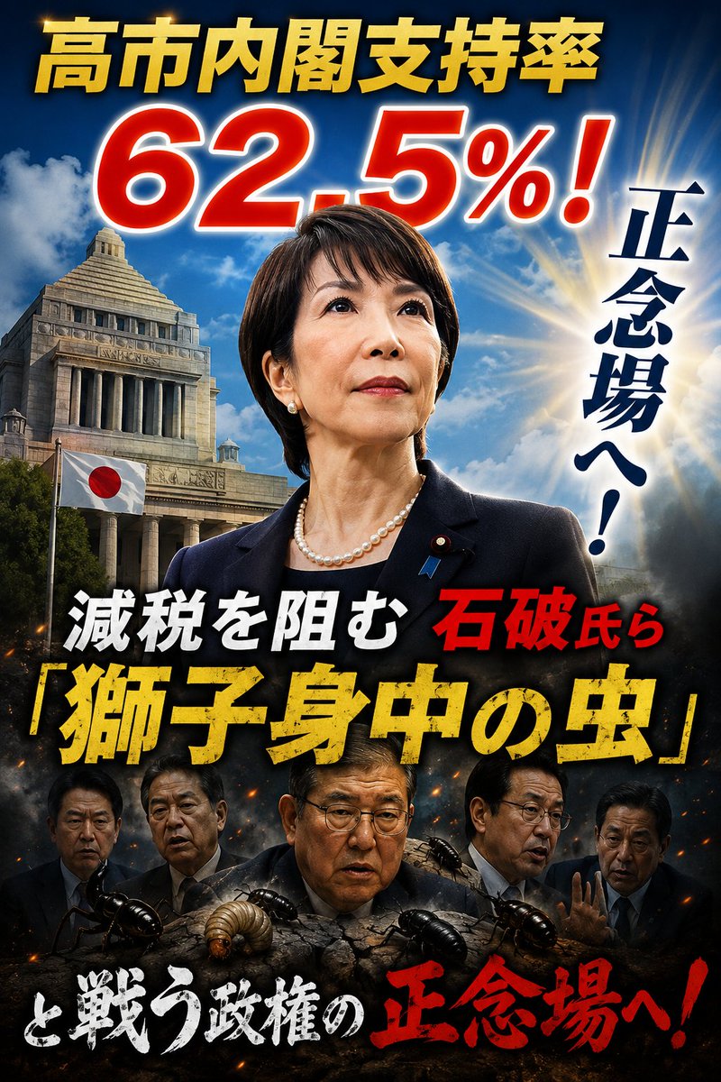 tetsuya_00x's tweet photo. 高市内閣支持率62.5％！減税を阻む石破氏ら「獅子身中の虫」と戦う政権の正念場へ！

1．高市内閣支持率が高水準で高止まり

産経・FNNによる最新の世論調査で、高市政権の���持率が62.5％という、発足10カ月の政権としては異例の「高水準」を記録したのです。

3カ月連続の下落という泥沼から一転、この劇的な下げ止まりを支えたのは、国民の切実な「渇き」に他なりません。

調査結果によれば、支持理由のトップは43.6％を占めた「実行力への期待」です。

国民はもはや、永田町の古臭いコップの中の争いなど見ておらず、ただ自分たちの生活を変える「突破力」を注視しています。

この期待の核心にあるのは、選挙で誓った公約、とりわけ消費減税をやり遂げるのかという一点に尽きます。

2．食料品「実質ゼロ」への挑戦と党内の亀裂

高市首相が打ち出した「飲食料品の消費税1％」という策は、生活者の財布に直結する政策です。

仕組みは驚くほどシンプルで、現在の8％の税率を1％まで一気に下げ、さらに中低所得層などには残りの1％分を現金で給付します。

わかりやすく���えば、100円の買い物で取られていた8円の税金を1円にし、その1円も後でお返しすることで「税金は実質ゼロ」の状態を作り出すわけです。

これは決して無責任なバラマキではなく、将来的に「給付付き税額控除」という精緻な制度を整えるまでのつなぎなのです。

物価高という崖っぷちに立つ国民を、まずはこの橋で対岸まで渡らせる。

その後は給付付税額控除という恒久減税の恩恵が待っているというわけです。

しかし、この温かな救済の動きを阻もうとする勢力が身内から現れました。

3．石破氏ら「反減税派」が突きつける違和感の正体

「数を頼んでいるようで違和感がある」

8月13日、CS-TBSの画面越しに放たれた石破茂氏が発したこの言葉に民主的な手続きを踏まえて進めてきた高市政権への悪意を感じざるを得ません。

減税を叫ぶ���手議員に対し「公約は読んだのか」と説教を垂れるその姿は、民意よりも永田町の序列を重んじる旧態依然とした政治そのものです。

選挙で国民と交わした約束を「検討」という名の墓場へ送り込み、塩漬けにすることが政治の仕事だとでも言うのでしょうか。

石破氏の言う違和感の正体とは、自分たちのコントロールが利かない「民意の爆発」への恐怖に他ならないのではないでしょうか。

「財源がない」というお決まりのフレーズは、議論を深めるためではなく、変化を拒むための思考停止の呪文のようにしか聞こえません。

果たして、その「財源不足」という言葉は、どれほどの真実味を帯びているのでしょうか。

4．財源不足は嘘？数字が語る驚きの事実

石破氏を初めとする減税反対派が振りかざす「財政破綻」の看板は、事実を直視すればハリボテであることが露呈します。

減税に必要な単年度4.8��円という金額は、122兆円を超える巨額予算のなかでは、工夫次第でどうにでも��る規模です。

財源問題など事実上存在しないことを、以下の数字が雄弁に物語っています。

2026年度に見込まれる約10兆円規模の税収上振れ分、
為替介入の果実として蓄積された莫大な外為剰余金、
日本版DOGEによる徹底した聖域なき歳出見直し等を考えれば、財源問題などもはや存在しないに等しいと言うべきでしょう。

こうした具体的な数字を隠し、安易に「不可能だ」と叫ぶ行為は、情報に疎い有権者を騙して倒閣を目論む不誠実な企みとしか私には思えません。

ハードルは決して高くなく、必要なのは公約の実現を目指して予算を作るという「政治の意志」だけなのです。

5．秋の臨時国会、政権運営を左右する「人事」の焦点

この秋、高市首相は政策実現を懸けた最大の博打、すなわち「人事」という勝負に出ます。

減税を断行��る司令塔として、実行力に定評のある萩生田光一氏を幹事長に据えるかどうかが最大の焦点です。

高市総裁が辣腕を振るえるのは誰かと言えば、やはり萩生田氏ということになるでしょう。

ただし、来年の総裁選を意識すれば、麻生副総裁への配慮から、麻生氏の義弟の鈴木俊一幹事長の続投か、あるいは麻生氏の身近な人物を幹事長に据えるという安全策が有力とも見られています。

閣内を見渡せば、片山さつき財務相や小泉進次郎防衛相の留任が取り沙汰される一方、総裁選を睨む茂木敏光外相や林芳正総務相の去就が火種となりえますね。

特に仕事師としての評価が高い茂木氏が閣外へ去れば、外交の継続性に疑念が生じるリスクも孕んでいます。

いずれにしても、この人事抗争はこれから徐々にヒートアップすることになることでしょう。

おわりに：国民が試されるとき

冒頭紹介した62.5％とい��支持率は、白紙委任状ではありません。

それは、「期限内に公約を履行せよ」という、国民から突きつけられた、いわば峻烈な命令書です。

高市首相の前には、野党という「前門の虎」が牙を剥き、偏向した情報を垂れ流すメディアという「後門の狼」が遠吠えを上げています。

しかし、最も警戒すべきは、身内でありながら背後から銃を撃つ石破氏ら「獅子身中の虫」の存在でしょう。

国民は消費減税だけでなく、移民・外国人問題への毅然とした対応や、積極財政による力強い経済成長も渇望しています。

政治家が吐く耳当たりの良い言葉ではなく、誰が実際に国民を豊かにし、誰が国を強くしたのか。

また、誰がその意思を最も強く持っているのか。

その本質だけを、私たちは厳しい目で見届ける必要があります。

高市政権がこの正念場を突破し、永田町の古い壁をぶち破れるのか、今まさに私たちの眼力が試されているのです。