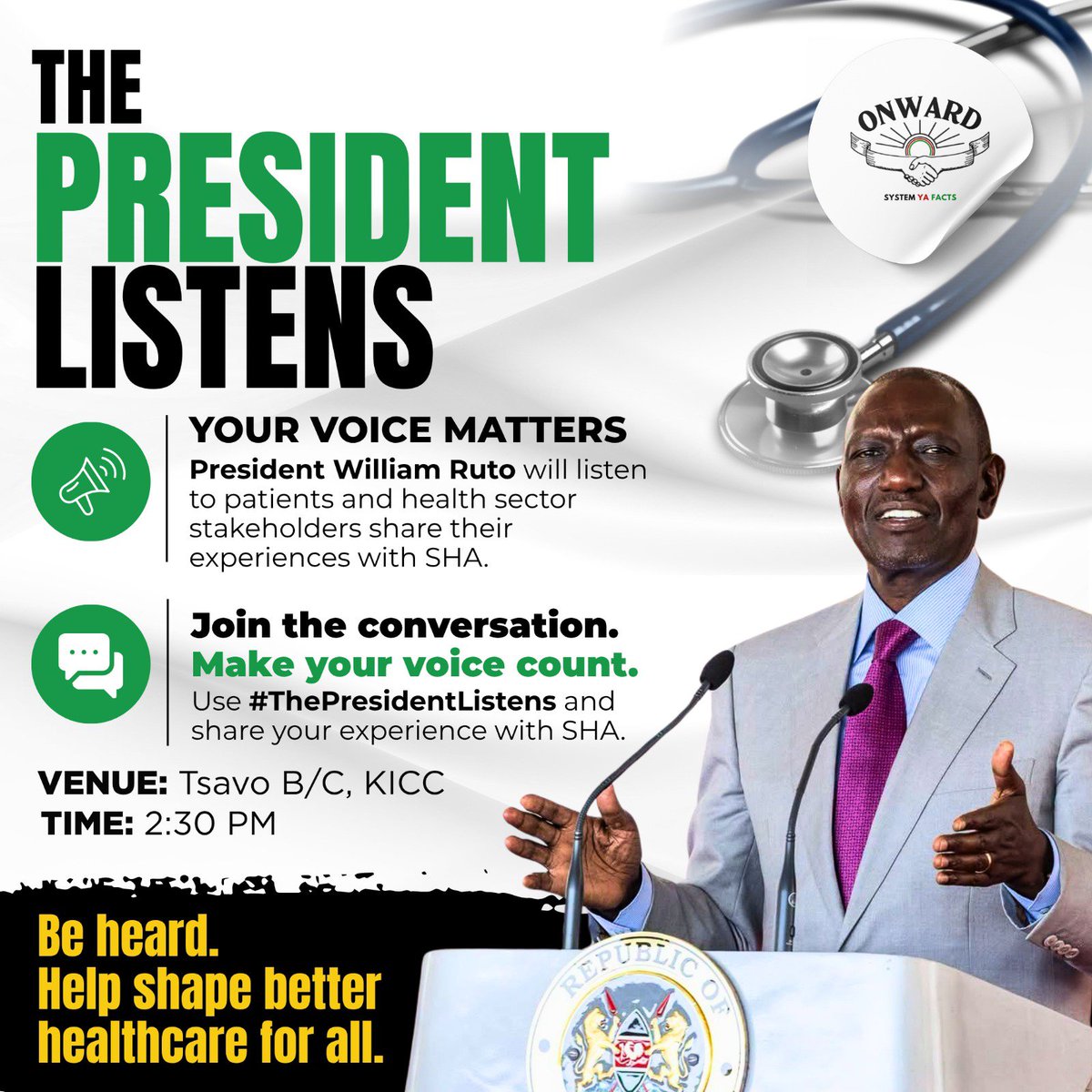 Lightground_'s tweet photo. If you could ask President William Ruto one question today about SHA and healthcare in Kenya, what would it be? 

Drop your question below. 👇

#ThePresidentListens #SHA #UHC #HealthForAll #Kenya https://t.co/H7AyKpbUs7