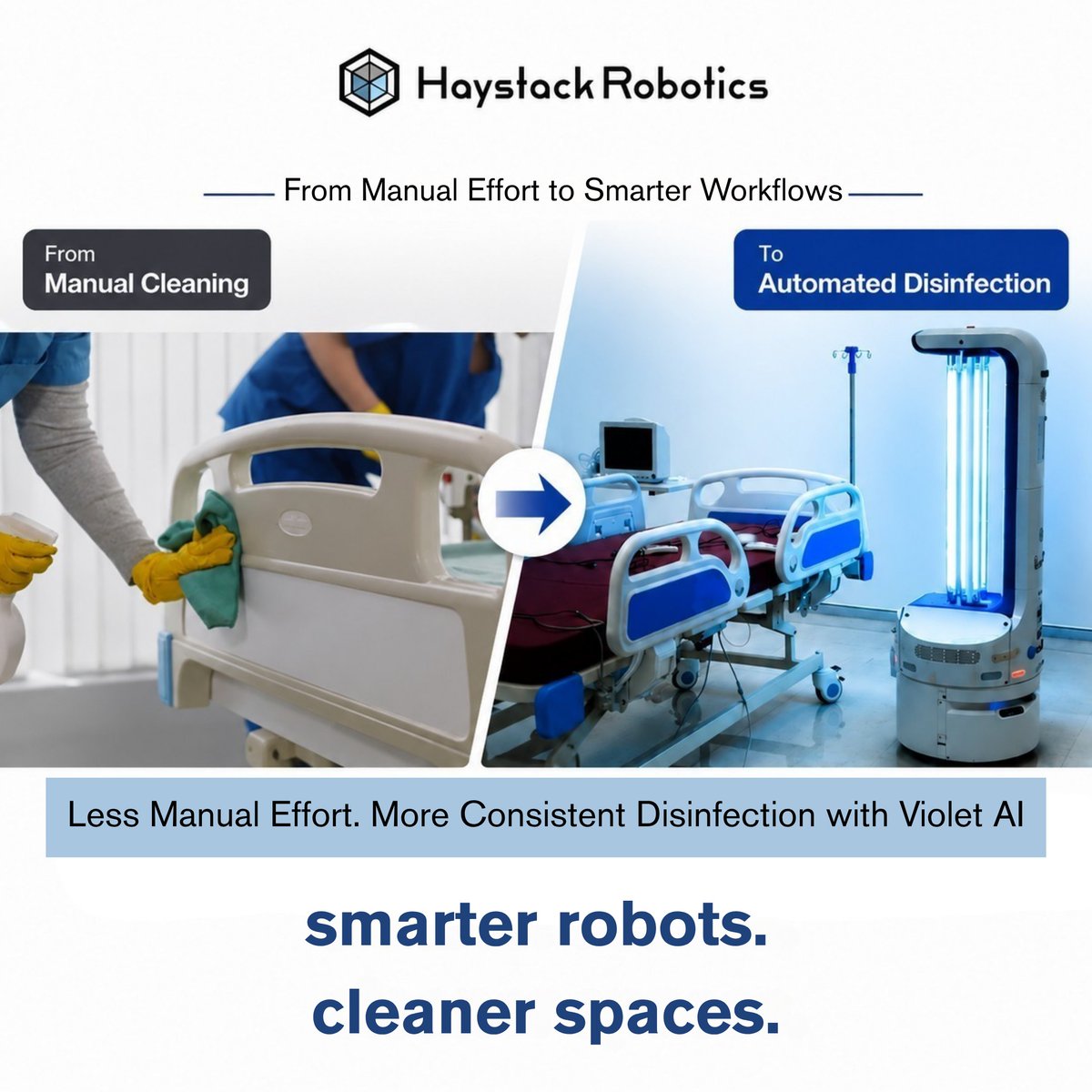 HaystackRobotic's tweet photo. From Manual Cleaning to Smarter Disinfection 🤖

Manual cleaning remains essential in hospitals. Violet AI adds autonomous #UVCTechnology for consistent, repeatable and data-driven disinfection.

Together, manual cleaning + automation strengthen #InfectionPrevention. 💜 https://t.co/jaJACovvJl