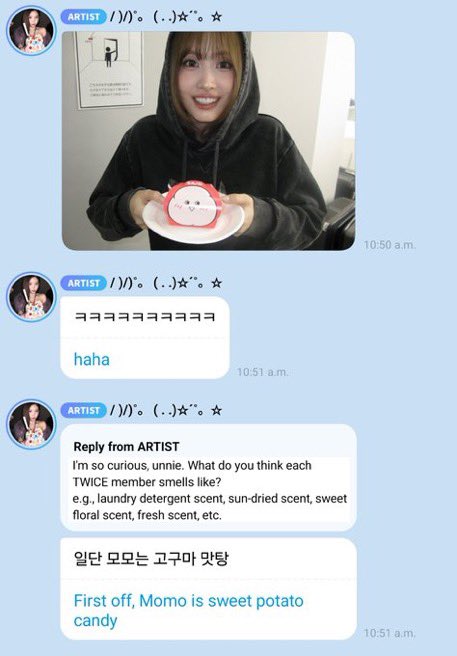 TwiceKjpNews's tweet photo. DISFARÇA MULHER! #NAYEON foi perguntada sobre qual é o cheiro de cada membro do TWICE, mas ela só respondeu que Momo cheira a batata-doce caramelizada e depois sumiu!😂

#TWICE #트와이스 #トゥワイス https://t.co/LEhHw6KFL9