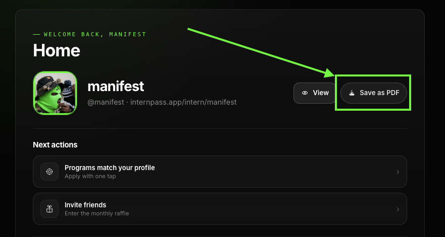 w3bmanifest's tweet photo. the team keeps shipping, and today we've dropped another major update for @internpass_app 

1/ having a single link to apply is great, but a lot of projects still ask for an actual file 

so now you can save your InternPass as a PDF and send it anywhere 🫡

keep reading 👇 https://t.co/UsjsquZ18K