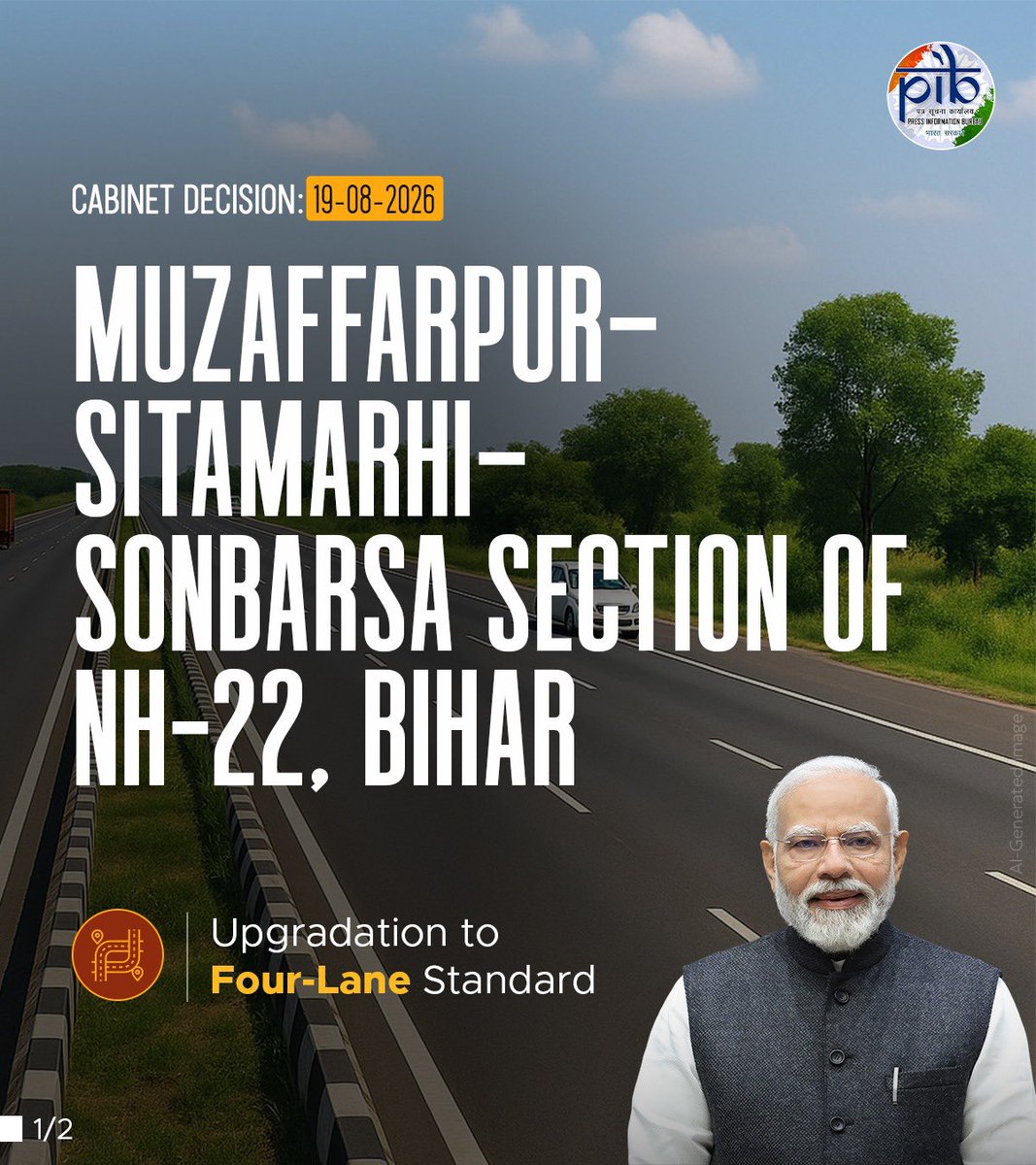 mlkhattar's tweet photo. Under the chairmanship of Hon’ble Prime Minister Shri @narendramodi Ji, the Cabinet Committee on Economic Affairs has approved the following key infrastructure projects to strengthen connectivity and improve mobility.

• Approval for four multitracking projects across West Bengal, Odisha, Andhra Pradesh & Tamil Nadu, expanding nearly 410 km of the Indian Railways at an estimated cost of ₹9,450 crore. These projects will ease congestion, augment rail capacity, and improve operational efficiency and service reliability.

• Approval for Upgradation of the four-laning of the 82.578 km Muzaffarpur-Sitamarhi-Sonbarsa section of NH-22 in Bihar at a capital cost of ₹3,590.73 crore under Hybrid Annuity Mode (HAM). The project will facilitate safer and faster movement of passengers and freight while strengthening regional connectivity.

#CabinetDecisions