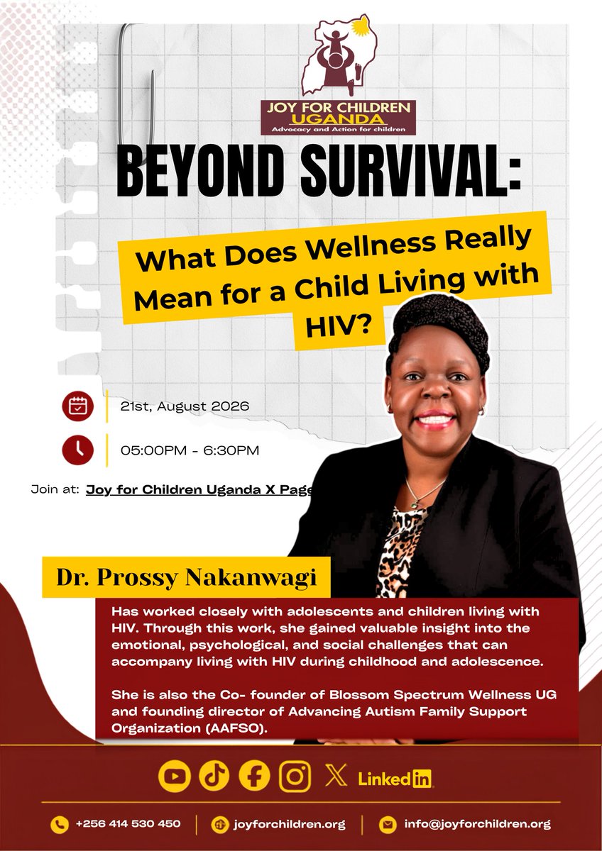 JOYFORCHILDREN's tweet photo. Do not miss!

 @ProssyNakanwag1, a strong advocate for mental wellness in children, will join our X Space conversation to share insights on the mental health and psychosocial challenges children and adolescents face, particularly those living with HIV.

#BeyondSurvival https://t.co/lwx6wVlkRO