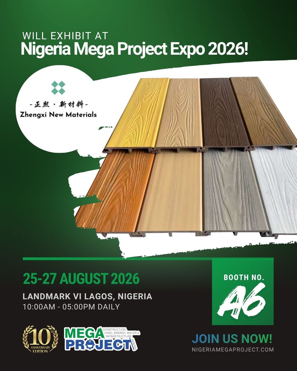 NigBuildExpo's tweet photo. Zhengxi New Materials is exhibiting at #NigeriaMegaProject2026!

📍 Booth A6
📅 25–27 Aug 2026
📌 Landmark Centre, Lagos
Discover decorative building materials and wood-finish solutions for modern interiors and construction projects.
👉 https://t.co/zGExb6uo5J https://t.co/vBHMd4i9Jp