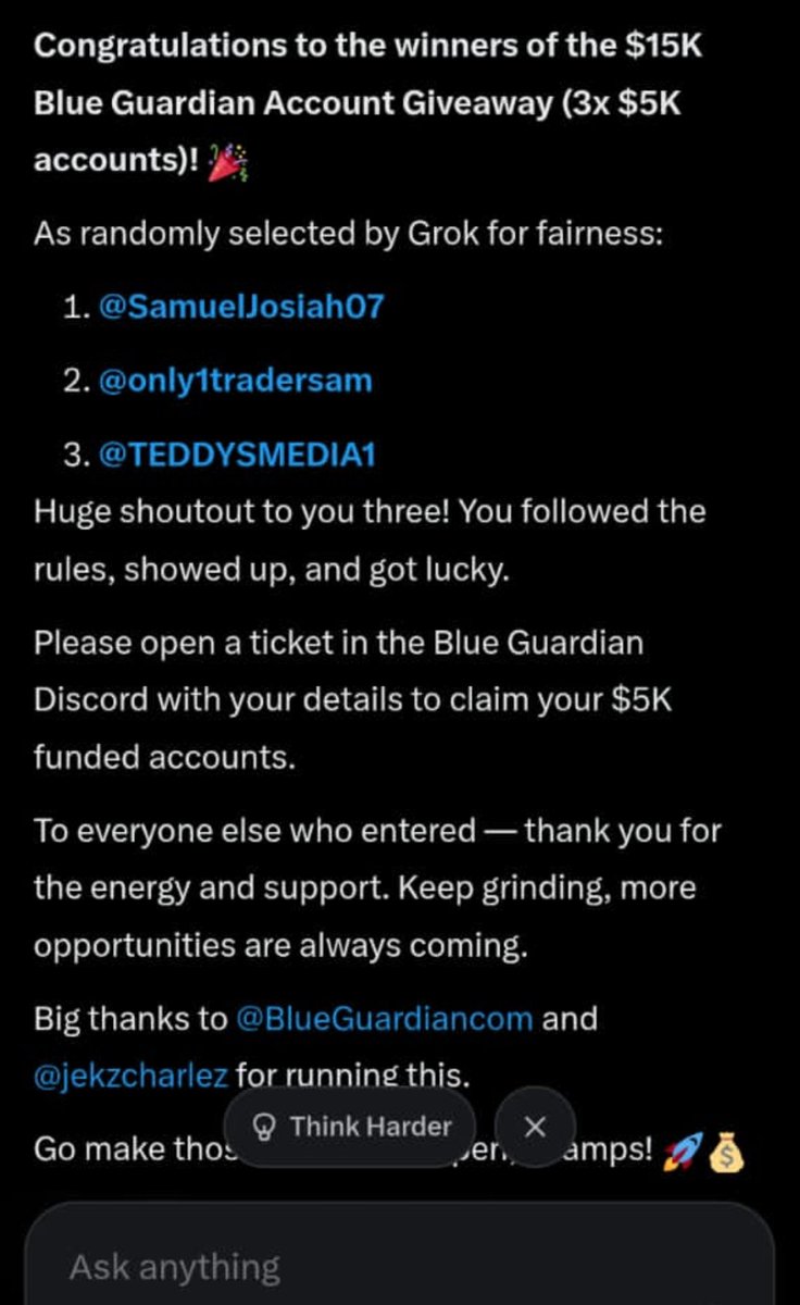jekzcharlez's tweet photo. Congratulations winners as picked by grok 🏆:

• @SamuelJosiah07
• @Only1traderSam
• @TEDDYSMEDIA1 

Create ticket on website to claim https://t.co/8oDeFuUy1D