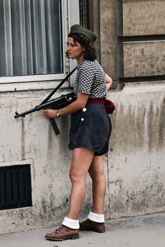DaniMayakovski's tweet photo. Simone Segouin, legendaria miliciana de la Resistencia Francesa, combate a los invasores nazis con un subfusil MP-40 por las calles de Paris, durante la Segunda Guerra Mundial.

19 de Agosto de 1944. https://t.co/2dd5BfGNNz