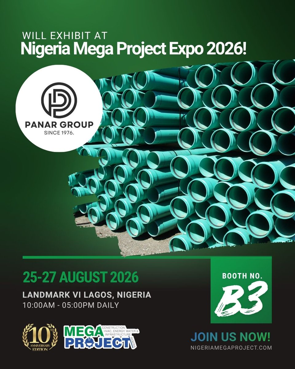 NigBuildExpo's tweet photo. Panar Group is exhibiting at #NigeriaMegaProject2026!

📍 Booth B3
📅 25–27 Aug 2026
📌 Landmark Centre, Lagos
Discover reliable piping solutions for building, water &amp; infrastructure projects.
👉 https://t.co/zGExb6uo5J

#PanarGroup #PipingSolutions #WaterInfrastructure https://t.co/DJbfHqIKhC