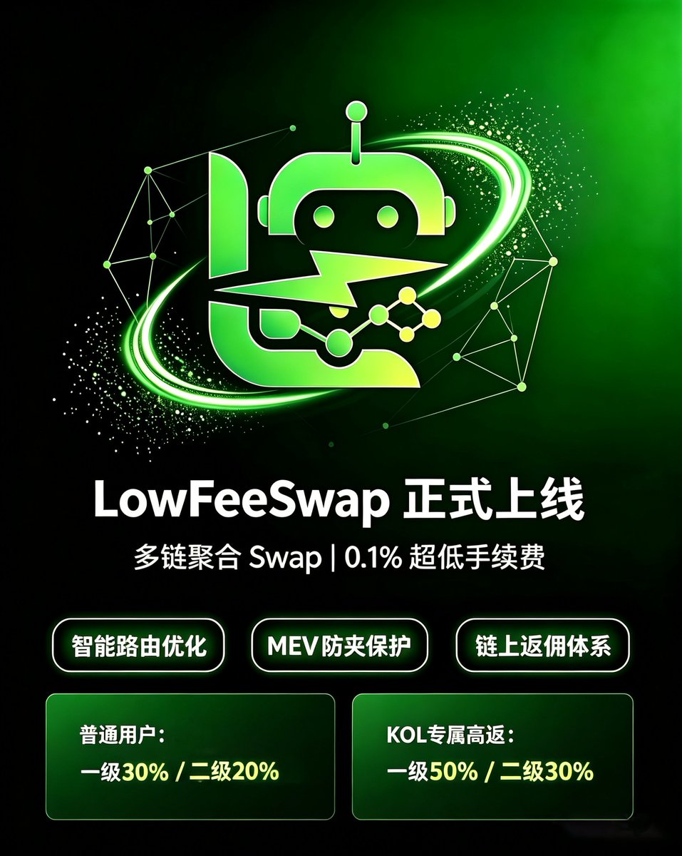 lowfeelab's tweet photo. ⚡LowFeeSwap 上线 
0.1% 手续费聚合 Swap，路由优化 + 防夹，返佣全部链上可见。

普通返佣：一级 30%｜二级 20%
KOL返佣：一级 50%｜二级 30% https://t.co/kCUkV1WImo