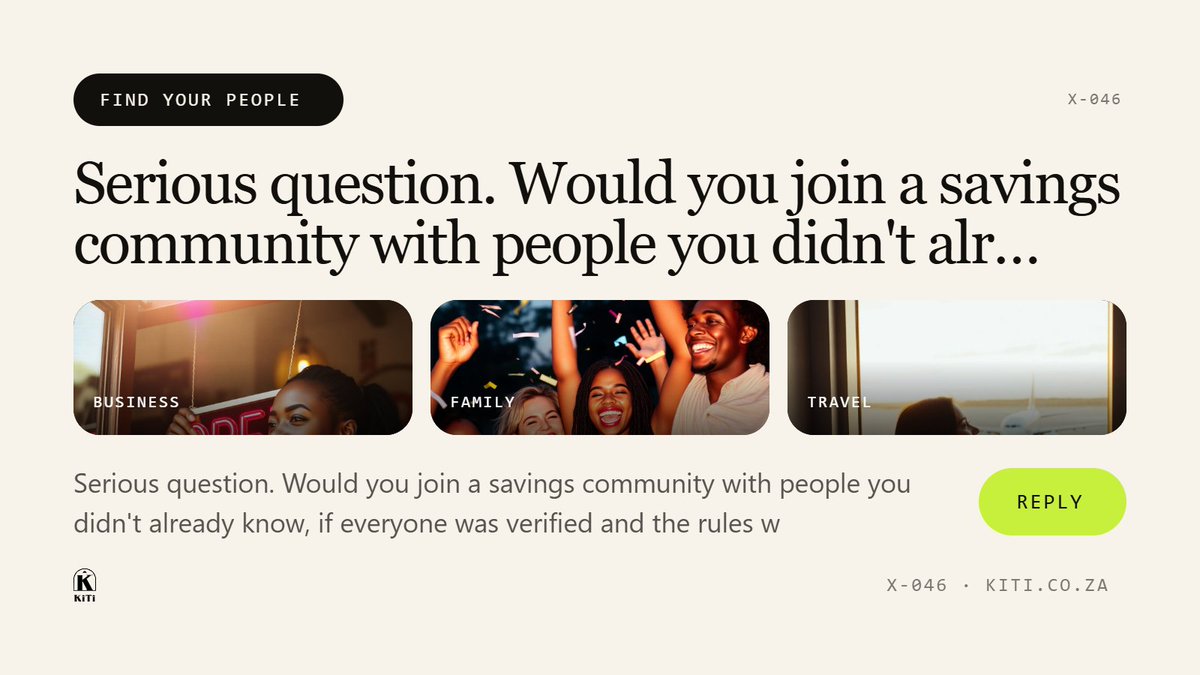 joinkiti's tweet photo. Serious question. Would you join a savings community with people you didn't already know, if everyone was verified and the rules were written down before anyone contributed a cent? Honest…

#madlanga #madlangacommission #stokvel #money https://t.co/LTuvF1gURx