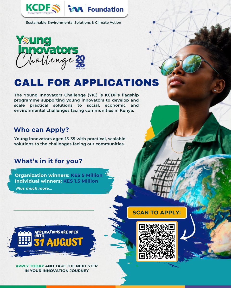 KCDF's tweet photo. Are you a young innovator with an idea that is tackling a social challenge in your community?  

Apply for YIC Round 4 funding by 31 Aug. 2026

👉 Apply here: https://t.co/a5ddAnxEyp 

Your innovation could be the beginning of meaningful change in your community

#YouthInnovation https://t.co/3PKx2UrgeX