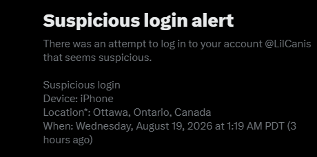 LilCanis's tweet photo. who ever password guessed me, how is the weather in ottawa? https://t.co/8Hwr7qOqIz