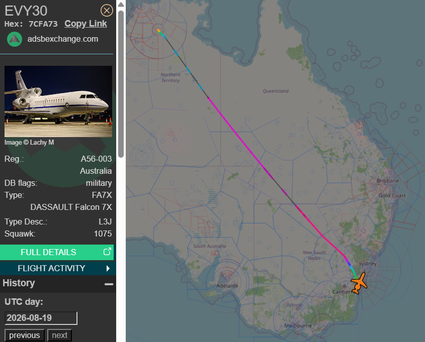 raaf_vip's tweet photo. Route: Katherine (KTR) - HMAS Albatross (NOA)
🛫: 04:53 UTC on 19/08/2026
🛬: 08:25 UTC
#Nowra https://t.co/AZlejjQgwG