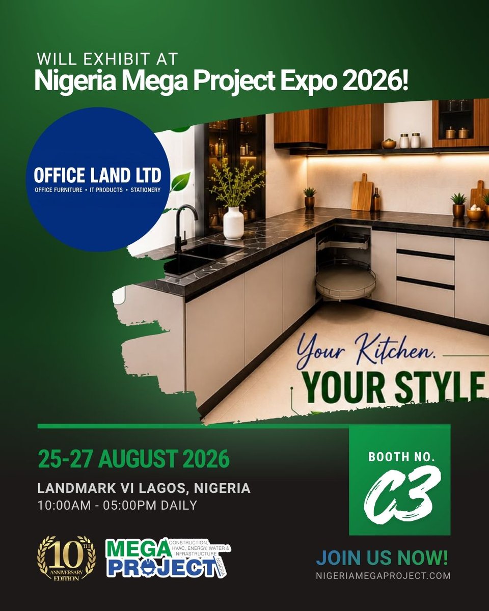 NigBuildExpo's tweet photo. Office Land Ltd. is exhibiting at #NigeriaMegaProject2026!
📍 Booth C3
📅 25–27 Aug 2026
📌 Landmark Centre, Lagos
Discover interior and furnishing solutions for modern kitchens, offices &amp; built environments.
👉 https://t.co/zGExb6uo5J

#OfficeLand #KitchenDesign #OfficeFurniture https://t.co/Zu4hJGn8Ow
