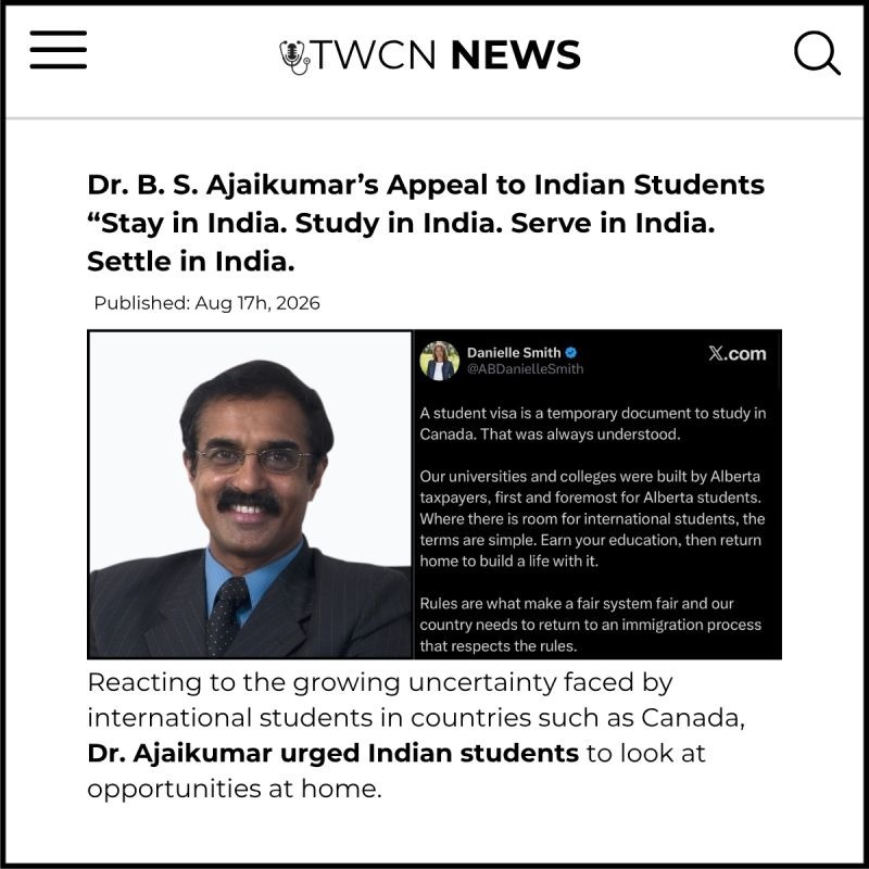 drbsajaikumar's tweet photo. My earnest appeal to Indian students.  

Stay in India. Study in India. Serve in India. Settle in India.  

I say this having experienced both sides.

#stopbraindrain
Img Credits: @twc__network 

(Read below) https://t.co/j0FNTRTS7R