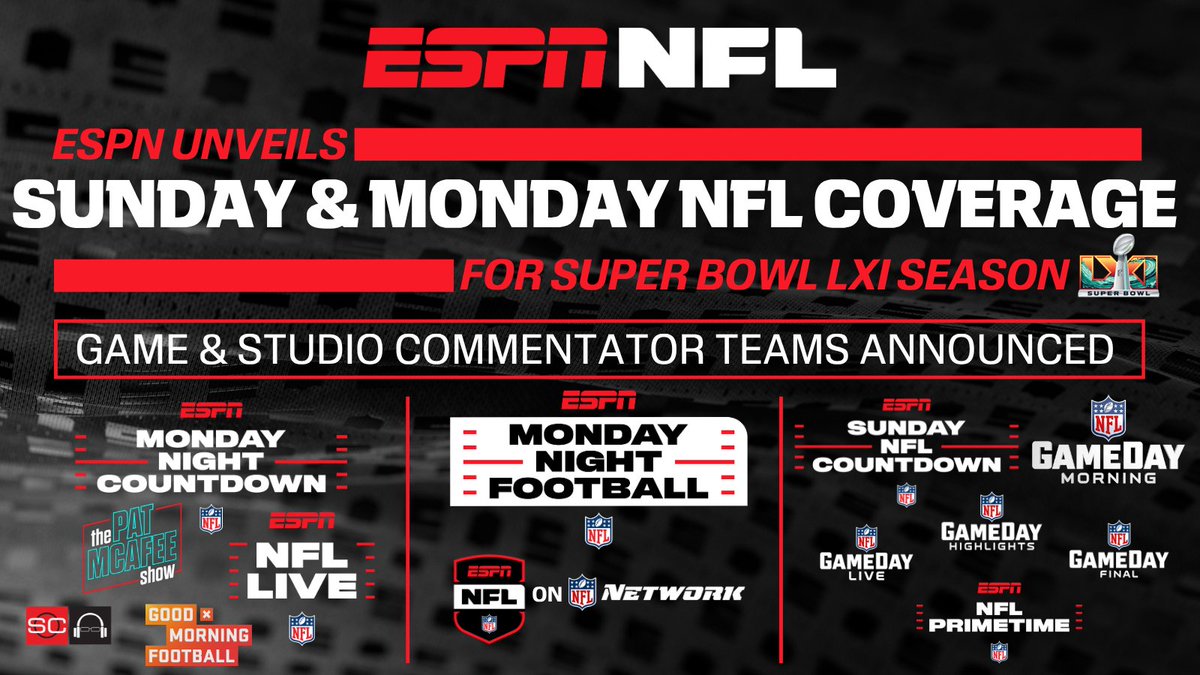 ESPNPR's tweet photo. ESPN’s landmark NFL season is here 🏈

Expansive game &amp; surrounding studio coverage, including on NFL Network, will lead fans each week all the way to LA on Feb. 14 for ESPN’s first Super Bowl

News &amp; details on Sunday &amp; Monday programming beginning Wk 1: https://t.co/85wHepONdT https://t.co/QlrXclOQvq