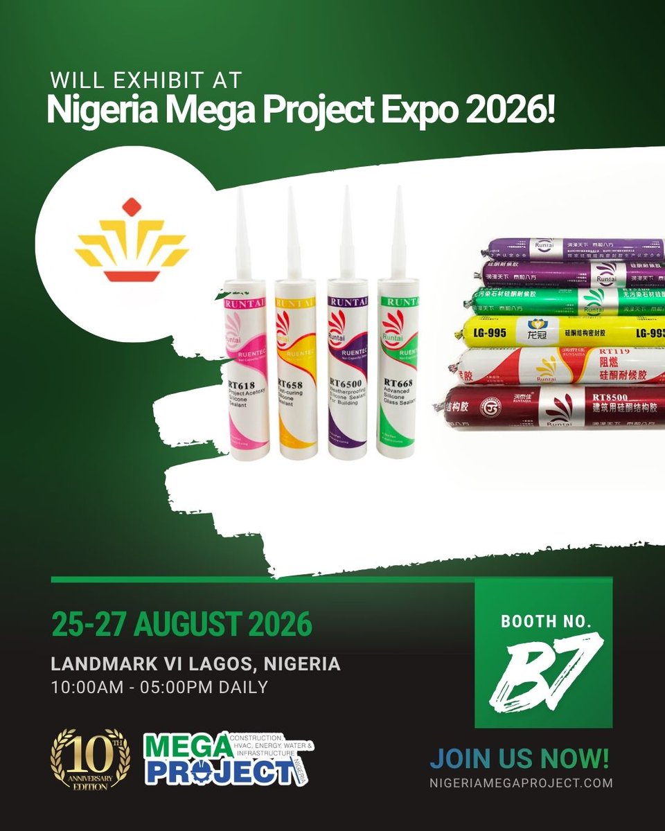 NigBuildExpo's tweet photo. Jiangsu Runtai Sealant Industry Co., Ltd. is exhibiting at #NigeriaMegaProject2026!

📍 Booth B7
📅 25–27 Aug 2026
📌 Landmark Centre, Lagos
Discover sealant solutions for construction, sealing, bonding &amp; waterproofing applications.
👉 https://t.co/zGExb6uo5J

#Runtai #Sealants https://t.co/IZZlnkDdxE