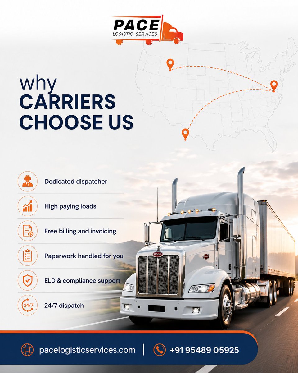 pacelogistic's tweet photo. At Pace Logistic Services, we help carriers keep their wheels turning and profits growing by handling the details that slow you down!
🌐https://t.co/nTeE7zkizd
📞+91 95489 05925
#Freight #Carriers #Dispatch #Logistics #TruckingLife https://t.co/PWPhIuAQTj