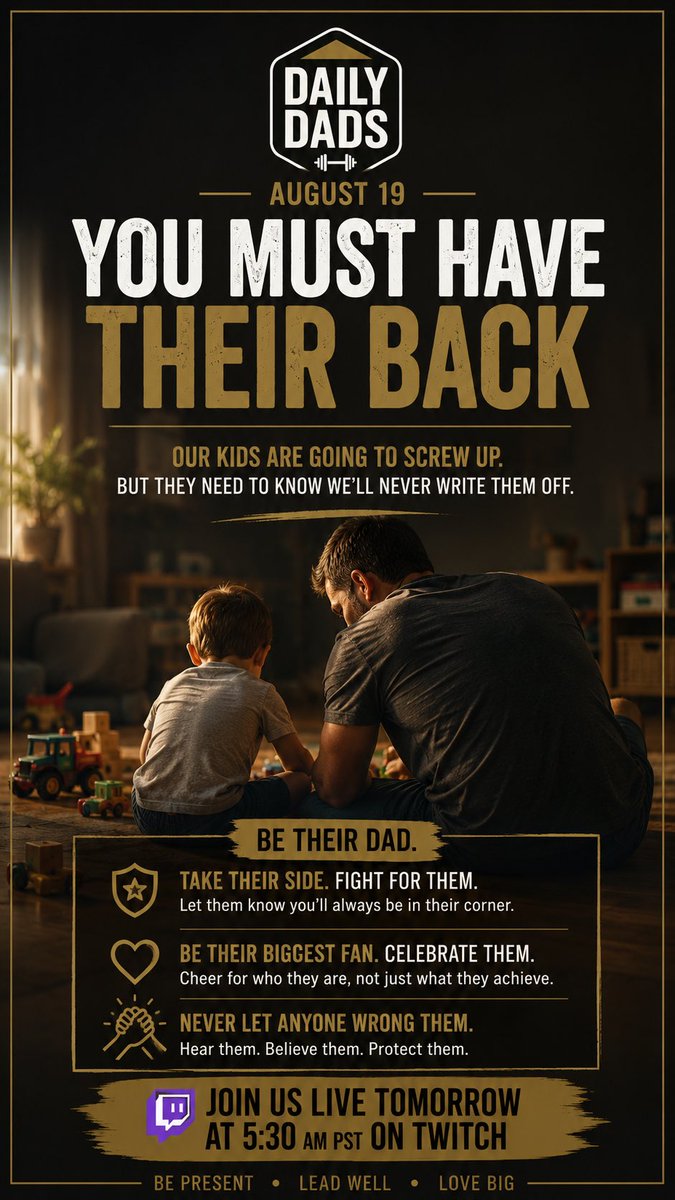 MyDailyDads's tweet photo. Today on Daily Dads: You Must Have Their Back.
Our kids will make mistakes. They need to know that through all of it, we’ll still be in their corner—believing in them, supporting them, and fighting for them.
#DailyDads #Parenting #Fatherhood #DadLife #BePresent @DRouzaud @FaithIronFit @Beuks605 @garyvee