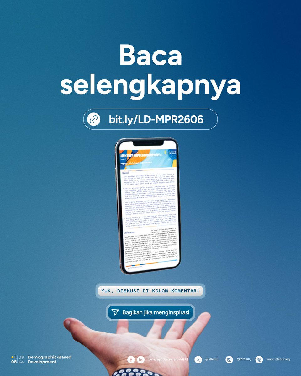 ldfebui's tweet photo. Persoalan tenaga kerja terdidik karena itu tidak dapat dilepaskan dari struktur kesempatan kerja dan ekosistem pengembangan karier yang tersedia.

Monthly Population Review Edisi Juni 2026 membahas persoalan ini melalui "Pengangguran Terdidik dan Brain Drain di Indonesia".

Baca selengkapnya:
🔗 https://t.co/GqhGUkTm3V

⸻
Monthly Population Review menghadirkan ulasan mengenai berbagai isu kependudukan dan pembangunan berdasarkan kajian ilmiah. Ikuti setiap edisinya untuk memperoleh perspektif yang lebih komprehensif terhadap dinamika kependudukan.

#ldfebui #DemographicBasedDevelopment #MonthlyPopulationReview #MPRLD #PengangguranTerdidik #BrainDrain
