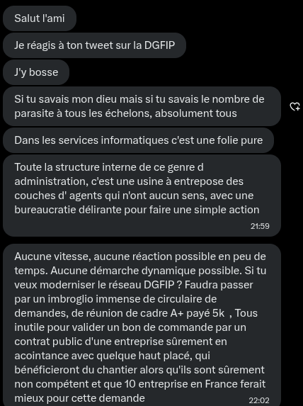 UlrichFY's tweet photo. Témoignage percutant sur l'envers du décor du service informatique de la DGFiP.

C'est bien les gars, il faut ventiler, c'est bon pour le moral. Mon inbox X est là pour ça. https://t.co/pqQqZwMmD2