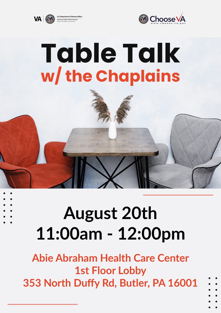 VAButlerPA's tweet photo. Please join us tomorrow, July 20th, for our monthly Chaplain Table Talks, a welcoming space to connect, reflect, and engage in meaningful conversation with our chaplain team and colleagues.
#Chaplains  #VeteranSupport  #SpiritualCare https://t.co/q8nBUnGR88