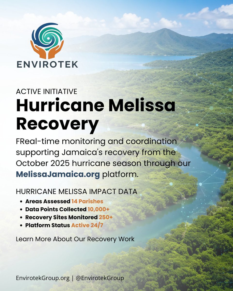 EnvirotekGroup's tweet photo. https://t.co/LRBiyrvCJ9 is supporting Jamaica’s recovery through real-time monitoring and data-driven coordination.

14 parishes assessed
10,000+ data points collected
250+ recovery sites monitored
24/7 platform activity

#HurricaneMelissa #EnviroTekGroup https://t.co/ZPxJAs2cKO