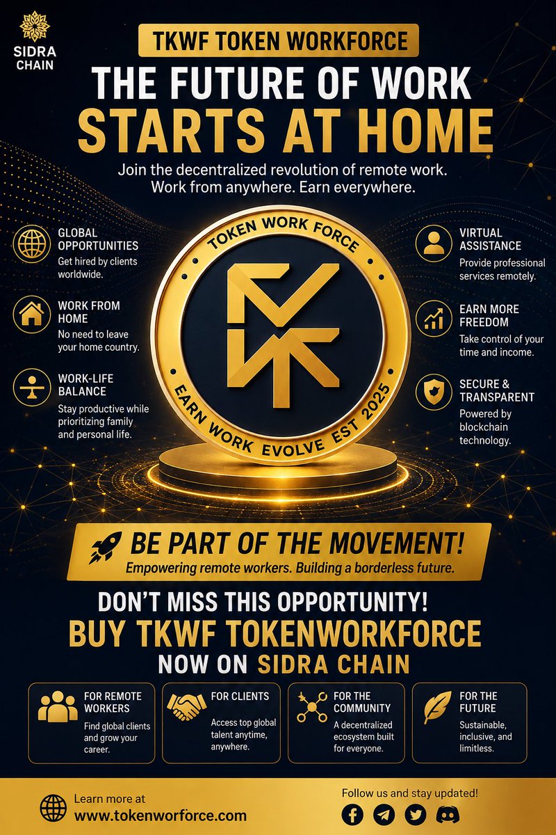 tokenworkforce's tweet photo. 🌍 THE FUTURE OF WORK STARTS AT HOME.

Introducing TKWF — Token Workforce, a vision for a decentralized and borderless remote-work ecosystem powered by blockchain technology and built on Sidra Chain.

💻 Work from anywhere. Earn everywhere. https://t.co/t2UO0JepQp