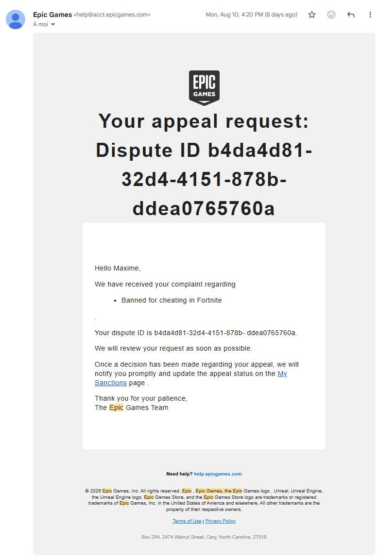 MaxSubarashi's tweet photo. Hey @FortniteStatus, 
I still haven't received a response to my appeal against my ban. Is this normal? People who were banned yesterday were unbanned in less than 24 hours, but I've been waiting for over a week, and support can't help me. Is this normal? 
@Fortnite https://t.co/OMHSLrtpSD