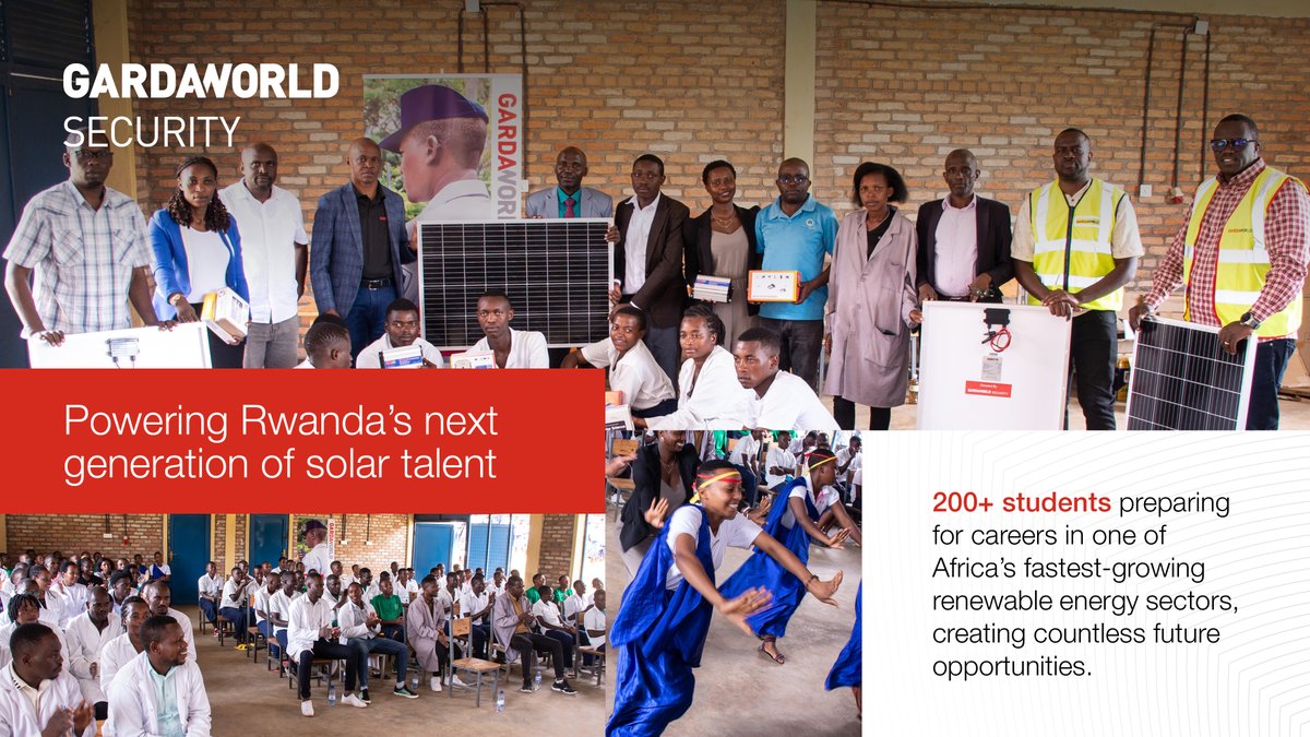 GardaWorld's tweet photo. Powering Rwanda’s renewable energy future. 
Through the donation of solar PV training equipment, GardaWorld Security Africa is helping students at Groupe Scolaire Kabuye Technical Secondary School gain practical skills for careers in solar energy.

#SkillsDevelopment #CSR https://t.co/QcVJXB8qlE