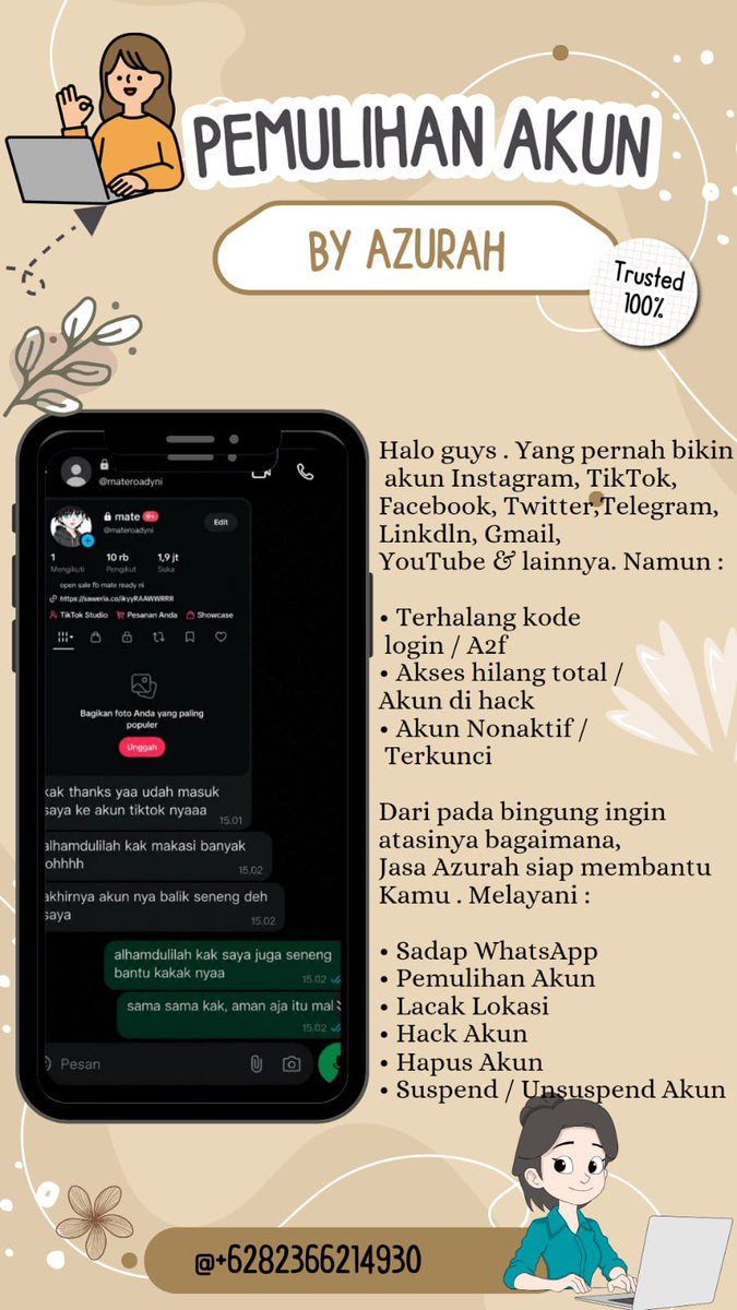 flawncy's tweet photo. open jasa balikin &amp; hapus akun.

✧˚ pemulihan akun
- instagram, tiktok, whatsapp, line, facebook, x, gmail, telegram dll

✧˚ hapus akun
- facebook, tiktok, instagram, line, whatsapp, twitt / x, dan lainnya

Sadap Wa, hack akun, lacak lokasi ?
Mau Order ? Dm or WhatsApp Di Bio❕ https://t.co/YnOA0R3JIH