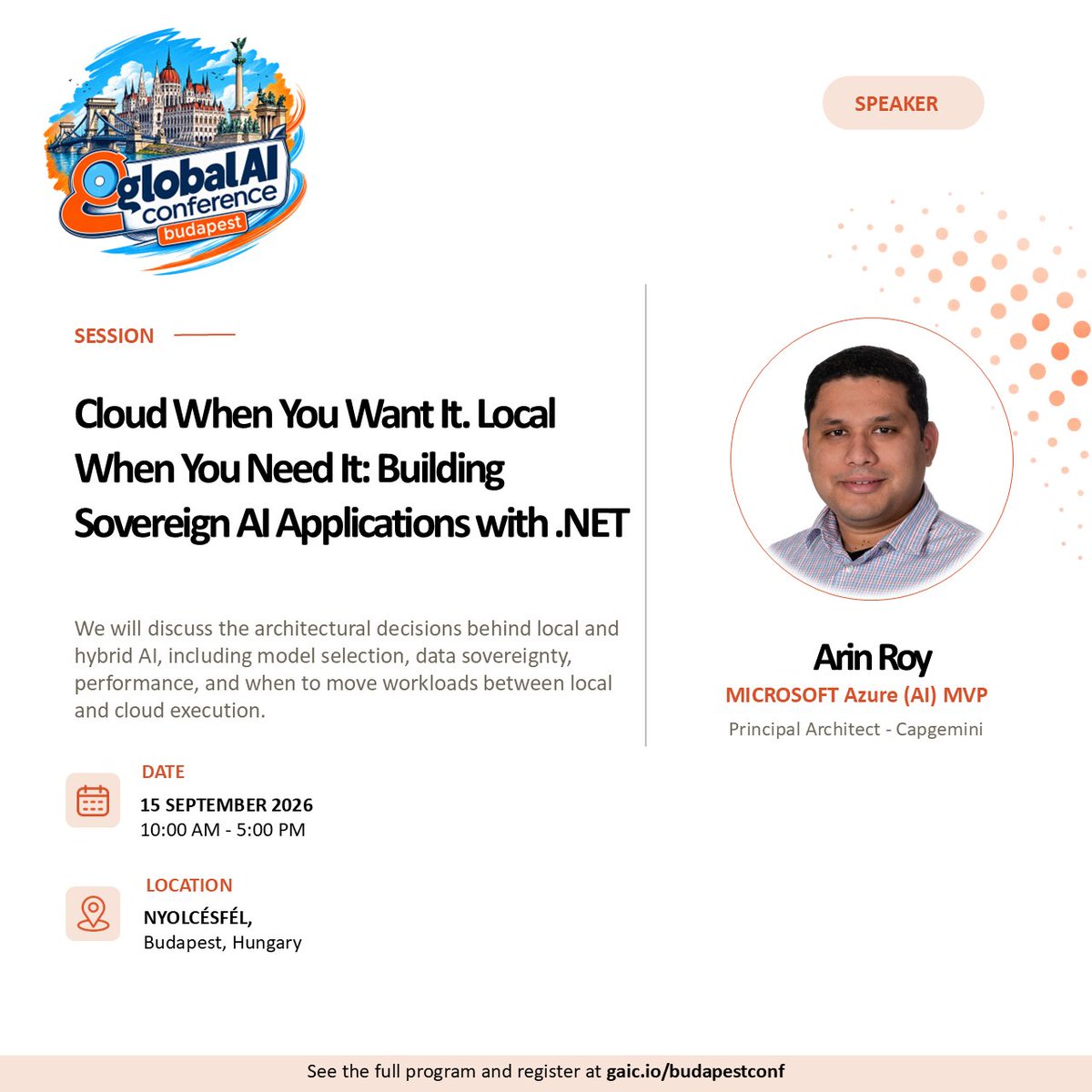EvePardi's tweet photo. ๐ Speaker Spotlight ๐
Weโre excited to welcome @IamArinRoy to the #GlobalAIConference in Budapest!
๐ค Cloud When You Want It. Local When You Need It: Building Sovereign AI Applications with .NET
Secure your spot now:
โกhttps://t.co/0Xu4x2VV6v
#MVPBuzz #GlobalAICommunity https://t.co/tg1fjKSceW