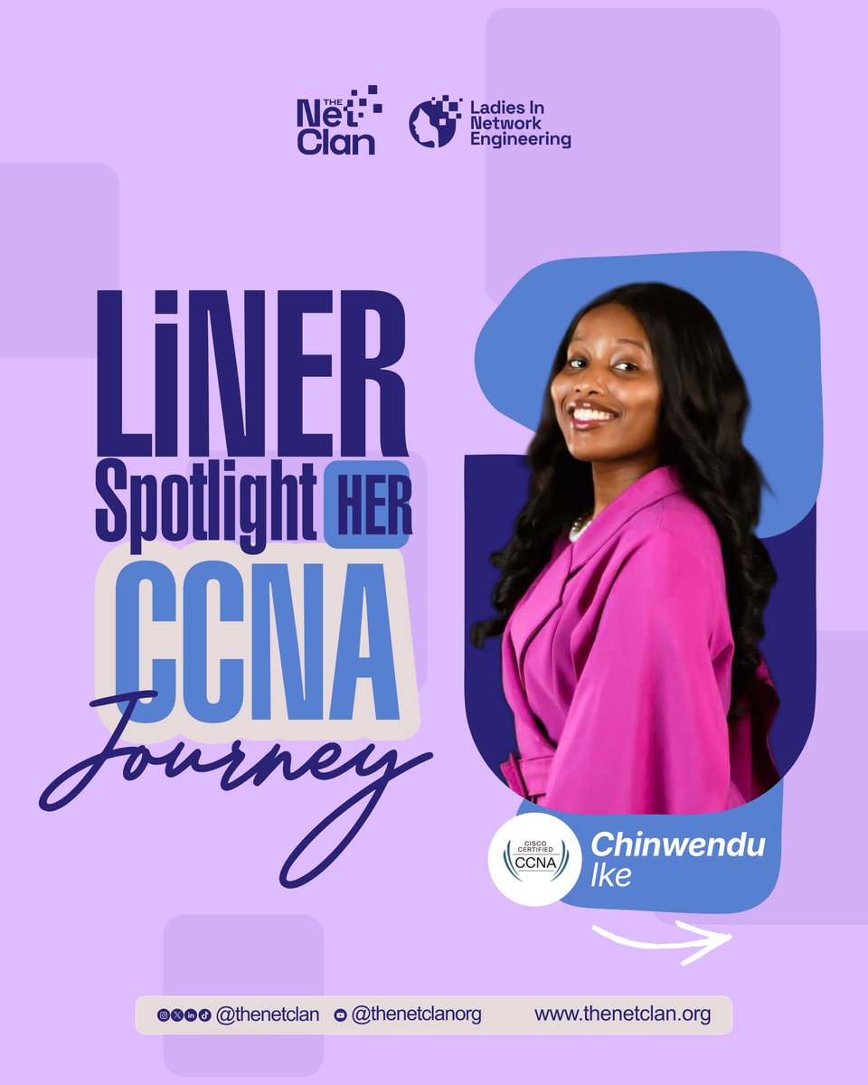 thenetclan's tweet photo. LiNER Spotlight: Chinwendu’s CCNA Journey 🎯

For Chinwendu, subnetting was the challenge. 

She went in thinking, “I like math, this should be easy.” But CIDR notation had other plans. 

Instead of rushing through it, she slowed down, took her time, and focused on truly understanding the concepts. And that became one of the biggest lessons from her CCNA journey: when something feels difficult, sometimes you just need to give yourself time to get it.

There were definitely moments she wanted to give up, but documenting her journey online, wanting to see things through, and the encouragement of her friend and teammate, Kamila Kassim, kept her going.

Her advice to other women preparing for the CCNA?

“The CCNA is not daunting. It is doable.” 💙

Every certified LiNER started exactly where you are sitting right now. Will you make the decision to begin?

Swipe through to read Chinwendu’s full, raw journey. ➡️
Your story could be next. 💜

#TheNetClan #AfricaTech #WomenInNetworking #LiNER #CCNA #CiscoCertified