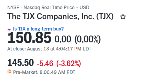 Andrew_jpn's tweet photo. TJXカンパニーズ $TJX 決算

好感材料: Non-GAAP EPS，売上高は予想を上回る。
失望材料: ガイダンス，予想を下回る。

プレで -3.62% 下落中。
https://t.co/EPKcs0giDY https://t.co/wqACxUUAH8