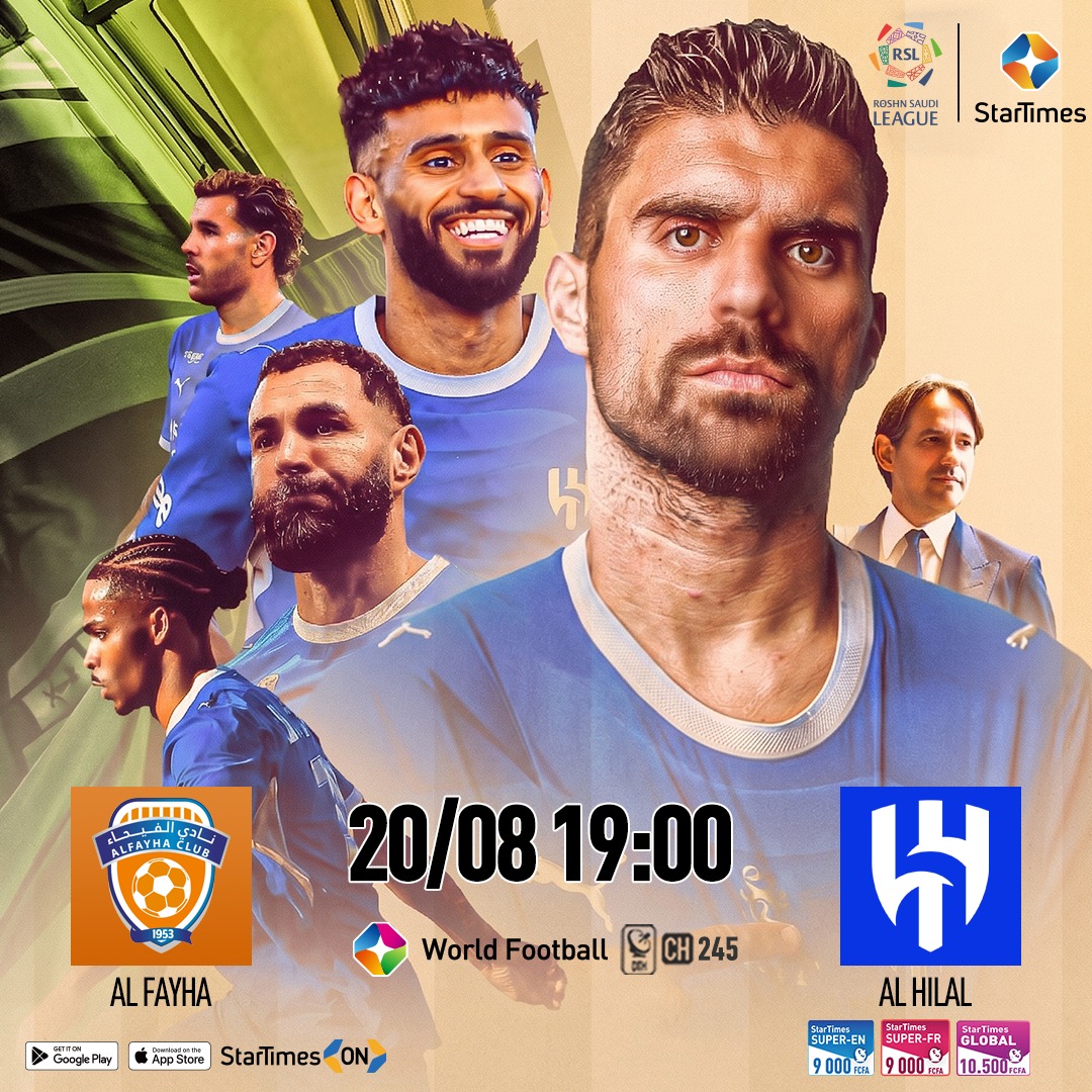 Startimesmedia's tweet photo. ⚽🔥 𝗥𝗼𝘀𝗵𝗻 𝗦𝗮𝘂𝗱𝗶 𝗟𝗲𝗮𝗴𝘂𝗲 ⚽🔥
𝗦𝗔𝗜𝗦𝗢𝗡 2️⃣0️⃣2️⃣6️⃣/2️⃣0️⃣2️⃣7️⃣
𝐉𝐎𝐔𝐑𝐍𝐄́𝐄 0️⃣2️⃣
➡️ 𝗔𝗟 𝗙𝗔𝗬𝗛𝗔 🆚 𝗔𝗟 𝗛𝗜𝗟𝗔𝗟
🗓️ 𝟮𝟬/𝟬𝟴 à 19H00
📺  En direct sur 𝗪𝗼𝗿𝗹𝗱 𝗙𝗼𝗼𝘁𝗯𝗮𝗹𝗹 (𝗗𝗧𝗛 𝟮𝟰𝟱) chez StarTimes!
📲 Où que vous soyez, vivez tous les matchs en direct sur votre smartphone à partir de l'application 📲  #StarTimesON téléchargeable via le lien 👉 https://t.co/Wlu9ECoEqB
#StarTimesCameroun #FootballSaoudien #RoshnSaudiLeague #worldfootball #FootballEnDirect #livefootballmatch #livepassionoffootball #football