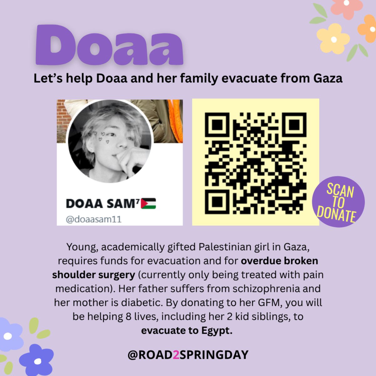 Road2SpringDay's tweet photo. @doaasam11 Doaa’s campaign is still stuck at €63,059.

Please contribute any amount you can to support Doaa &amp; her family. 🫶

Please share receipts using Google form or #MapOfTheFesta_Come_over 

https://t.co/fgw1I9cYRH https://t.co/7R2h1FFJbD