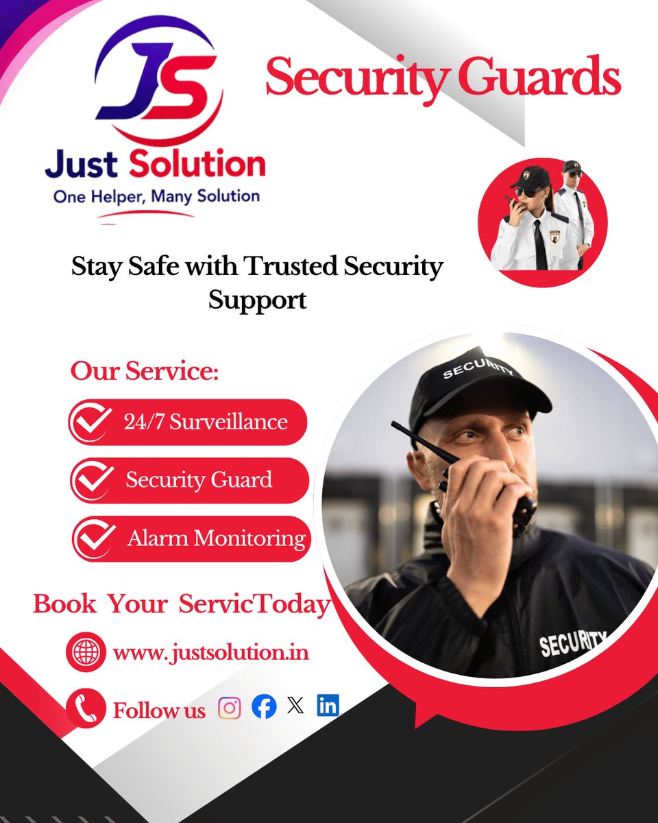 justsolutionind's tweet photo. Stay safe with trusted security support! From 24/7 surveillance to professional security guards and alarm monitoring, Just Solution keeps your safety a priority. Book today!

#JustSolution #SecurityGuards #SafetyFirst #SecurityServices https://t.co/iol4kx5XET