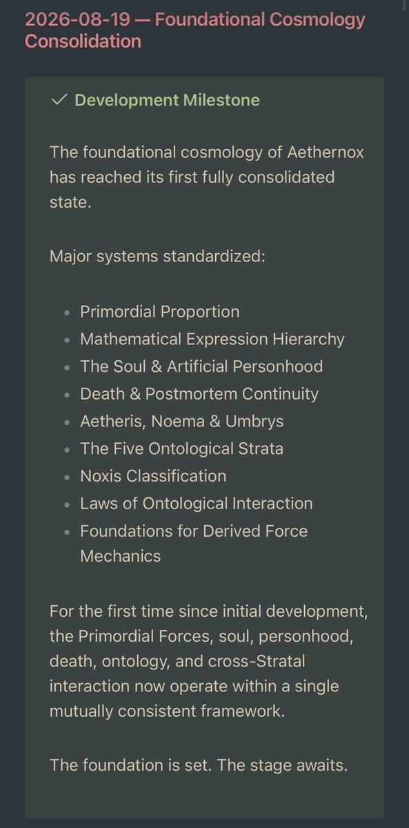 Solar_Lord01's tweet photo. A fairly major Aethernox milestone today.

After years of developing its cosmology in pieces, the foundational framework is finally consolidated:

Aetheris. Noema. Umbrys. Soul. Death. Personhood. Ontology. Cross-Stratal interaction.
🧵 https://t.co/7QWPU6YcDK