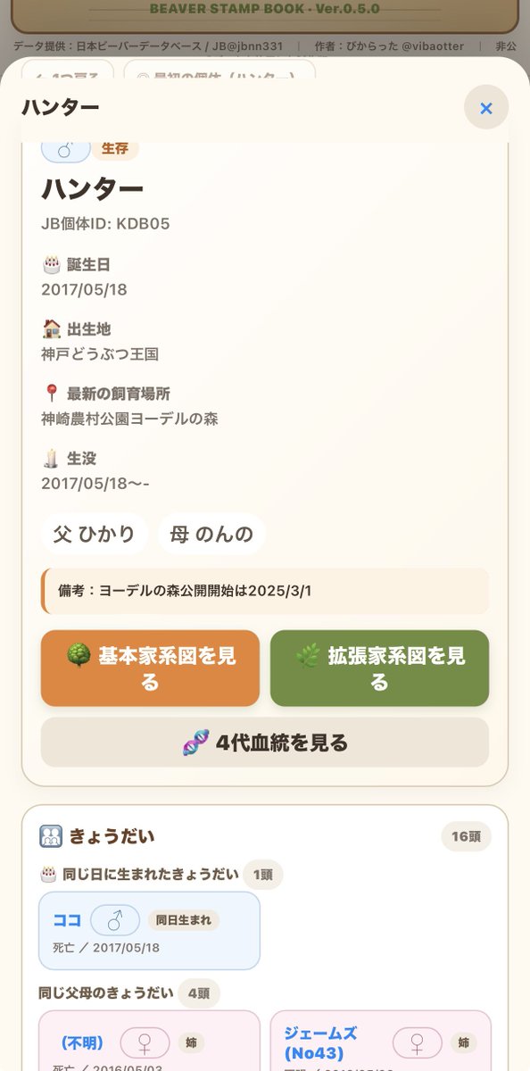 vibaotter's tweet photo. 🦫🌳 たビコレ Ver.0.5.0 公開ムゥー！！

今回の主役は「家系図」🧬✨

🌳 祖父母→父母→きょうだい→子→孫
🌿 叔父叔母・甥姪・いとこ・はとこ
🧬「このビとの関係」＆血縁ルート
🛡️ 不明・未解決の血縁も安全に表示
ビーバーたちの“つながり”を、どんどんたどってみてム！🦫🌳✨

#たビコレ #たビコレ更新