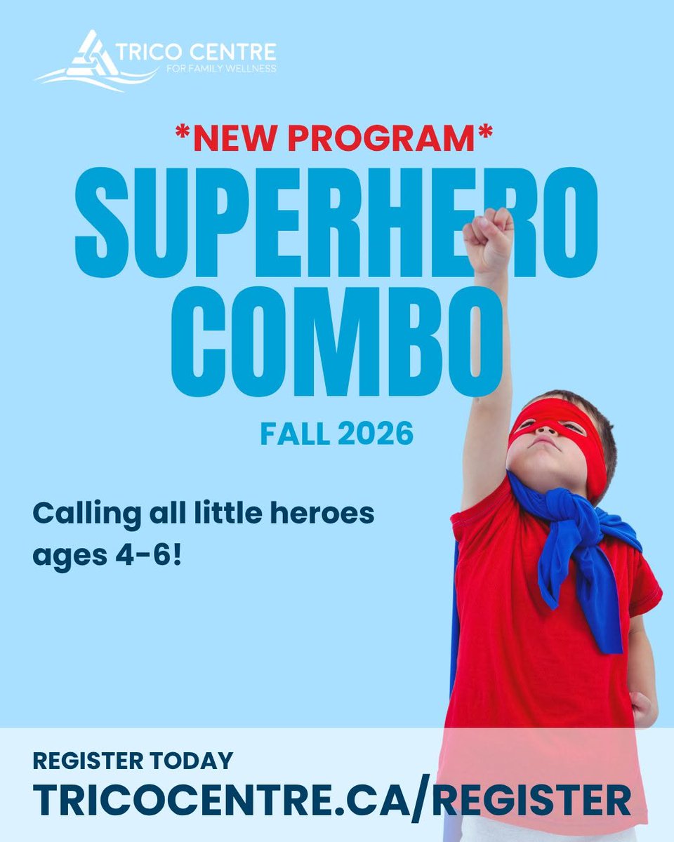TricoCentre's tweet photo. Calling all little heroes! Superhero Combo lets preschoolers (ages 4-6) become a brand-new superhero each week through themed games, crafts, movement adventures and plenty of imagination.
Kids will leap, dash, crawl and “fly” as they take on fun superhero challenges!  #calgary https://t.co/ehpvKU7EpT
