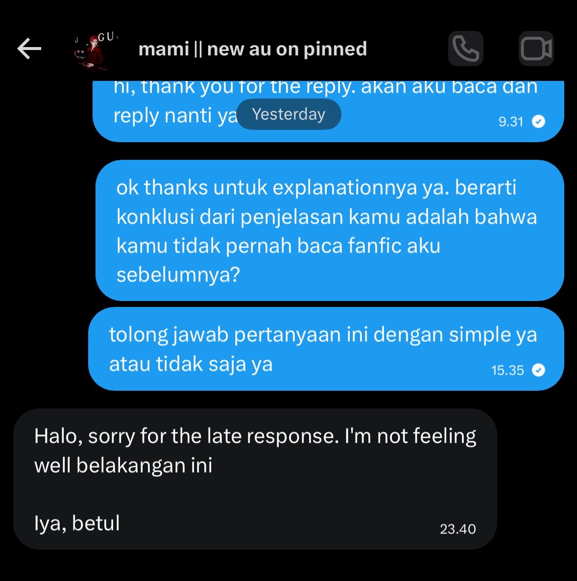 goldenskinboy's tweet photo. saat aku mencoba mengonfirmasi hal ini kepada mamigyubrik, mamigyubrik bersikukuh tidak pernah membaca tulisanku dan fic yang dia tulis adalah hasil berdasarkan request anon dari revo/retro/dll. https://t.co/GGUMrZ8dXx
