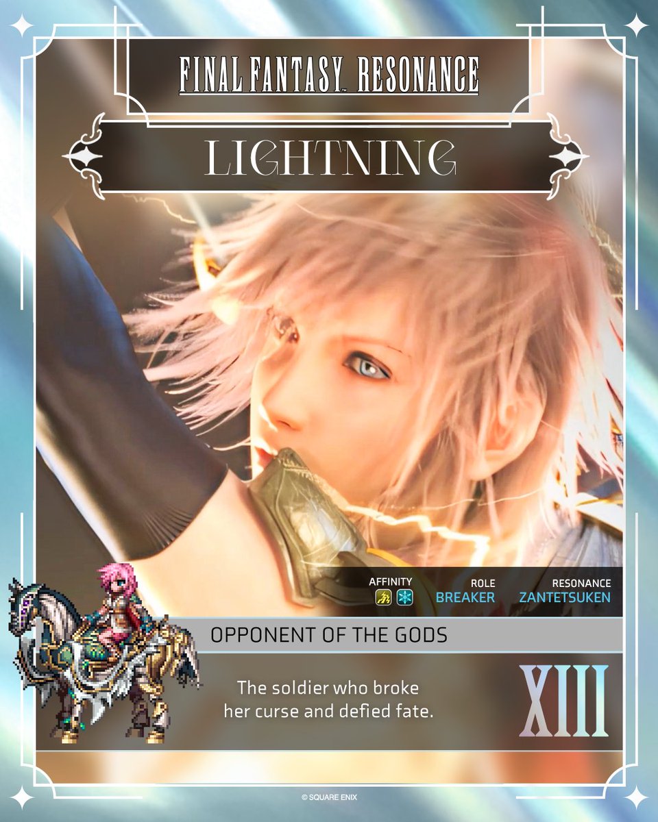 FinalFantasy's tweet photo. Final Fantasy Resonance Vision: Lightning (XIII)
Will you resonate with this hero?

Were you to unexpectedly fall victim to a curse, thereby becoming the object of humanity's ire, what would you do? 
(A) Fight back, even if it spells your death 
(B) Surrender 
(C) Hope for the best
