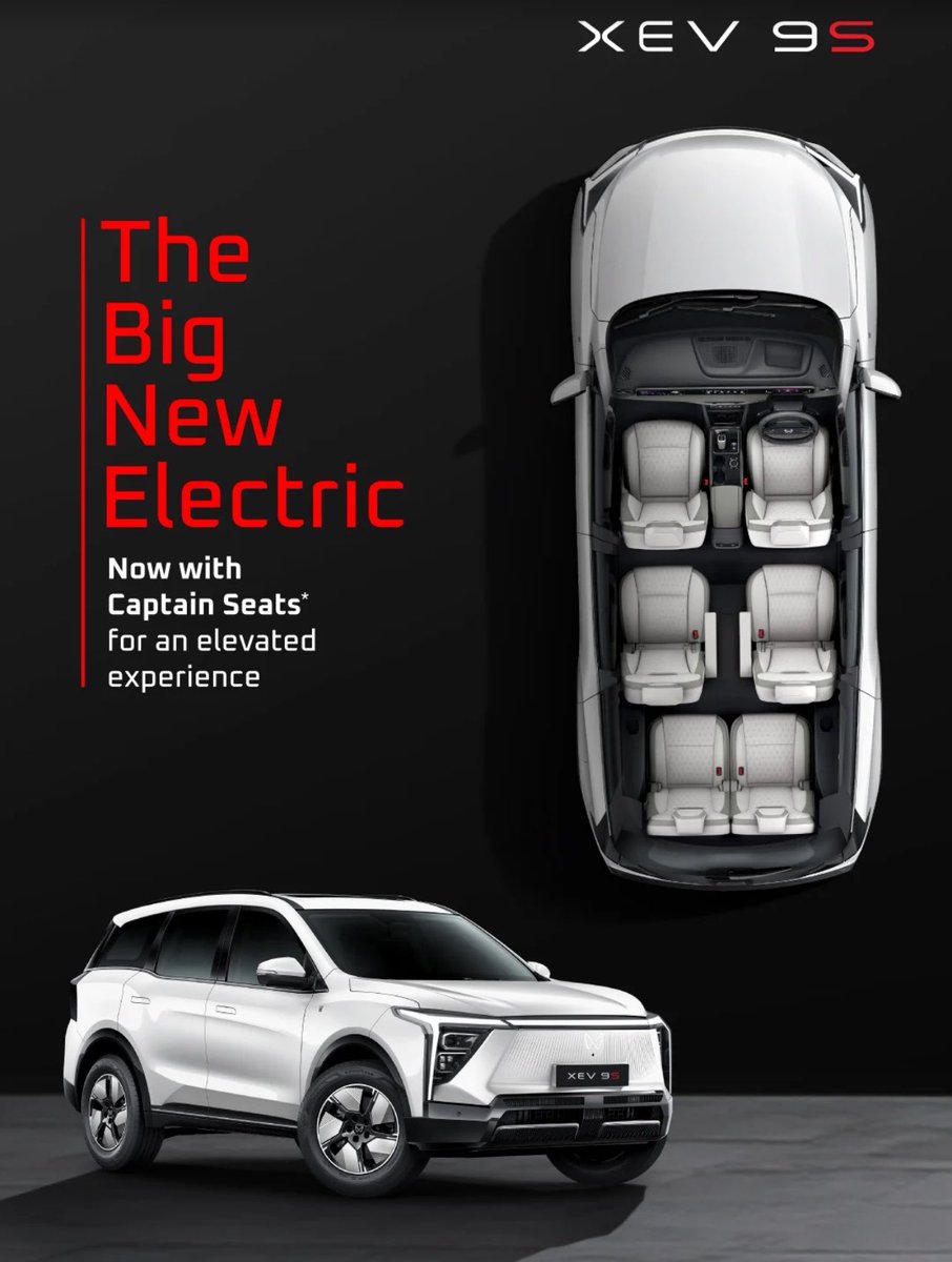 tushv24's tweet photo. Mahindra XEV 9S now gets a 6-seater option with 2nd-row captain seats! 🧵👇

1️⃣ The Layout: Swaps the middle bench for 2 individual captain seats with armrests and a central passage to the 3rd row. 

2️⃣ Availability: Offered on higher trims 
✅Pack Two Above 
✅Pack Three 
✅Pack Three Above. 

3️⃣ Unchanged Specs: Retains the INGLO architecture, up to 79 kWh battery, 282 bhp RWD setup, and 180 kW fast charging support.

Chauffeur-driven EV buyers just got a compelling upgrade.
#MahindraEV #XEV9S #AutoNews

- @Xroaders_001 @ferrarirules86 @evelectree @shyampsunder @volklub @GreenDrvIndia @EVZindabad @BunnyPunia @purohit__anuj @nikhilchanana88 @NCBirbhan @TeslaClubIN  @Shaggy7979 @Gs_Wanderer @shreemallatheru @TorqueIndia @praveendec16 @dnightwarrior11 @autocarindiamag @AsheeshAroraEV @TeslaClubIN @realhbk  @20_1NM