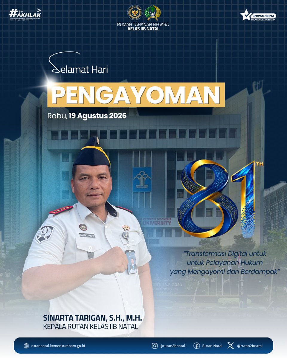 rutan2bnatal's tweet photo. Segenap jajaran Rutan Kelas IIB Natal mengucapkan,
Selamat Hari Pengayoman ke-81!
“Transformasi Digital untuk untuk Pelayanan Hukum yang Mengayomi dan Berdampak”

#RutanNatalPATEN
#Kemenimipas
#InfoImipas
#Pemasyarakatan https://t.co/CHRDfRi2BG