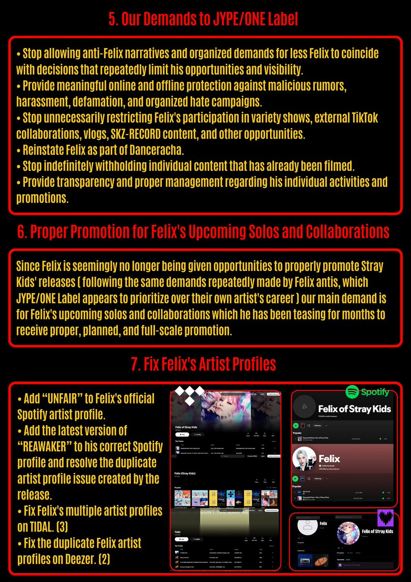 FLXCentral's tweet photo. For months, Felix antis and akgaes have openly organized campaigns demanding less Felix in Stray Kids, fewer individual opportunities, fewer brand activities, and reduced visibility.

What makes this situation increasingly concerning is that The way JYPE/ONE Label has handled Felix's career appears to align with those demands and it is becoming impossible to ignore.

1. THIS AND THAT Promotions

During the THIS AND THAT promotions, Felix was the only member with zero variety show appearance and zero external tiktok challenge.

The promotions are now over. We do not want last-minute damage control to silence criticism.

This is not about asking for special treatment. We are asking for Felix to receive fair opportunities, proper protection, and competent management.

And the issue goes beyond simply failing to protect Felix from hate campaigns. We are increasingly seeing the demands of Felix antis reflected in decisions affecting multiple areas of his career, from comeback promotions to withheld vlogs, restricted TikTok opportunities, and even his removal from Danceracha.

2. Withheld Vlogs and Content

Felix has filmed multiple vlogs and behind-the-scenes content during major schedules that fans have never received. His Shanghai schedules, including the F1 Chinese Grand Prix activities with adidas and Mercedes, are examples of content that appears to have been filmed but remains unreleased.

With potential new collaborations ahead, fans should not have to constantly wonder whether Felix's content will simply be withheld indefinitely.

3. Restrictions on TikTok Collaborations

Felix has been noticeably limited when it comes to external TikTok collaborations since 2024 . This is especially frustrating considering that Stray Kids' most successful collaborative TikTok challenges are all Felix's.

Why is an artist who has repeatedly proven his ability to generate attention and engagement through these collaborations being restricted from doing more of them?

4. Removal from Danceracha

Felix has never lacked the ability, dedication, or commitment required of a dancer. He continues to give his all on stage and fulfill his responsibilities as a performer. Removing him from an identity he has long been associated with without a proper explanation only adds to concerns about how his role and visibility are being handled.

5. Our Demands to JYPE/ONE Label

• Stop allowing anti-Felix narratives and organized demands for less Felix to coincide with decisions that repeatedly limit his opportunities and visibility.

• Provide meaningful online and offline protection against malicious rumors, harassment, defamation, and organized hate campaigns.

• Stop unnecessarily restricting Felix's participation in variety shows, external TikTok collaborations, vlogs, SKZ-RECORD content, and other opportunities.

• Reinstate Felix as part of Danceracha.

• Stop indefinitely withholding individual content that has already been filmed.

• Provide transparency and proper management regarding his individual activities and promotions.

6. Proper Promotion for Felix's Upcoming Solos and Collaborations

Since Felix is seemingly no longer being given opportunities to properly promote Stray Kids' releases ( following the same demands repeatedly made by Felix antis, which JYPE/ONE Label appears to prioritize over their own artist's career ) our main demand is for Felix's upcoming solos and collaborations which he has been teasing for months to receive proper, planned, and full-scale promotion.

7. Fix Felix's Artist Profiles

• Add “UNFAIR” to Felix's official Spotify artist profile.

• Add the latest version of “REAWAKER” to his correct Spotify profile and resolve the duplicate artist profile issue created by the release.

• Fix Felix's multiple artist profiles on TIDAL.

• Fix the duplicate Felix artist profiles on Deezer.

8. What We Expect for Future Releases

Most importantly, in Felix's upcoming solos and collaborations, we demand proper, planned, and full-scale promotion.

We expect at least the following:

• An official announcement at least three weeks before release.

• Announcemnt and promotion across all official social media platforms, including X, Instagram, TikTok, YouTube, Facebook, and more.

• Pre-save and/or pre-order campaigns.

• Proper music platforms promotion and playlisting across different platforms.

• Official TikTok challenges and the freedom to participate in external TikTok collaborations.

• Korean and international variety show appearances.

Felix should not have to lose opportunities, visibility, content, or promotion while a loud group of antis repeatedly demands less of him.

THIS AND THAT promotions are over. We do not want rushed, last-minute content as damage control. We want the underlying issues fixed before Felix's upcoming individual releases and collaborations.

JYPE/ONE Label is responsible for managing Felix's career, then they need to protect him, support him, and properly promote him.

And if the current team is unable to manage the opportunities, demand, and popularity Felix brings, then JYPE should consider placing his individual activities under a team that is actually capable of doing so.

Felix deserves proper promotion.
Felix deserves proper protection.
No more restrictions at Felix's expense.

JYPE TREAT FELIX FAIRLY  
#JYPE_DO_BETTER_FOR_FELIX
@Stray_Kids @stay_support @jypnation