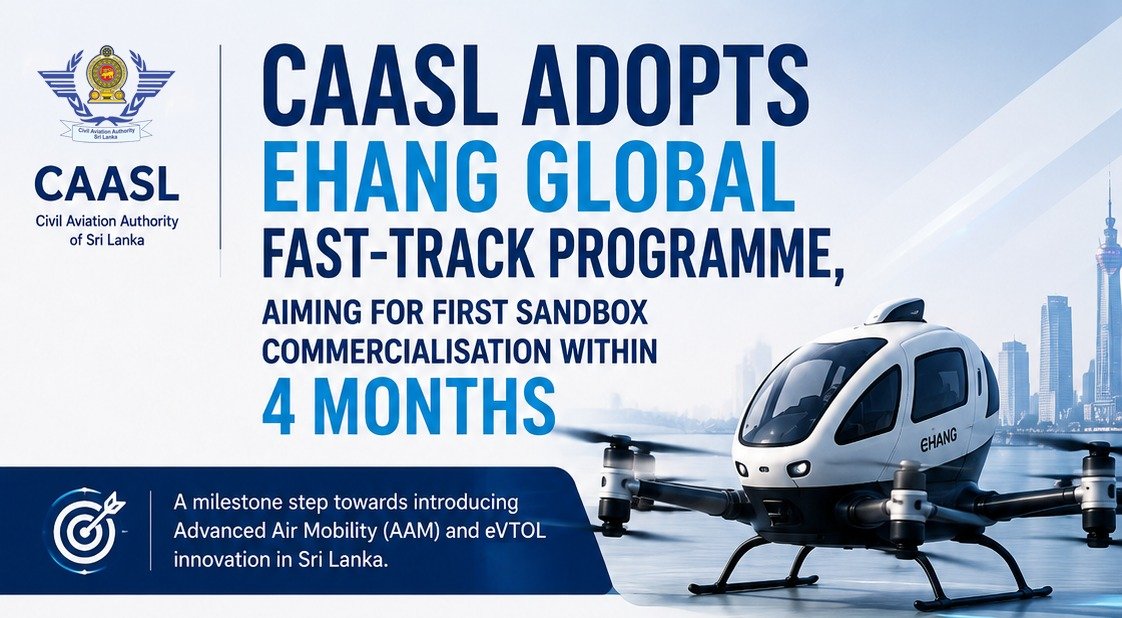 ehang's tweet photo. Today EHang officially announces the Global Fast Track Program, a structured, accelerated pathway for pioneering pilotless eVTOL operations across new international markets.
 
Sri Lanka is the pioneering adopter, collaborating with the Ministry of Ports and Civil Aviation & CAASL and targeting initial sandbox commercialization in ~4 months!
 
Built on EHang’s proven safe‑flight records across 23 countries, the replicable 4‑phase roadmap compresses eVTOL market‑entry timelines from years to months! @caaslofficial
 
#eVTOL #AdvancedAirMobility #AAM #EHang