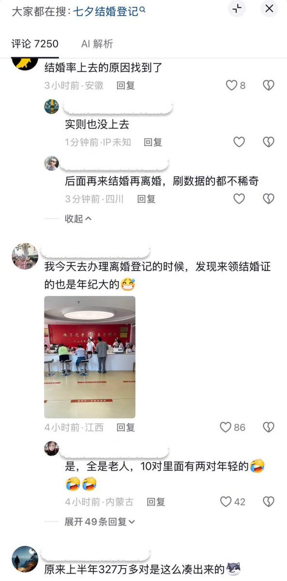 whyyoutouzhele's tweet photo. “结婚数据保住了”

8月19日七夕节当天，某地网友发视频称，结婚登记大厅全是老人在登记结婚。评论区有吉林网友说，他们县上老人补领结婚证送一桶油，好多老人都去了。

有网友评论：“结婚率上去的原因找到了。” https://t.co/Mfrzz1ZK8r