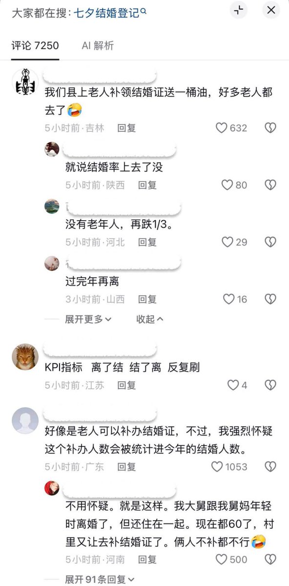 whyyoutouzhele's tweet photo. “结婚数据保住了”

8月19日七夕节当天，某地网友发视频称，结婚登记大厅全是老人在登记结婚。评论区有吉林网友说，他们县上老人补领结婚证送一桶油，好多老人都去了。

有网友评论：“结婚率上去的原因找到了。” https://t.co/Mfrzz1ZK8r